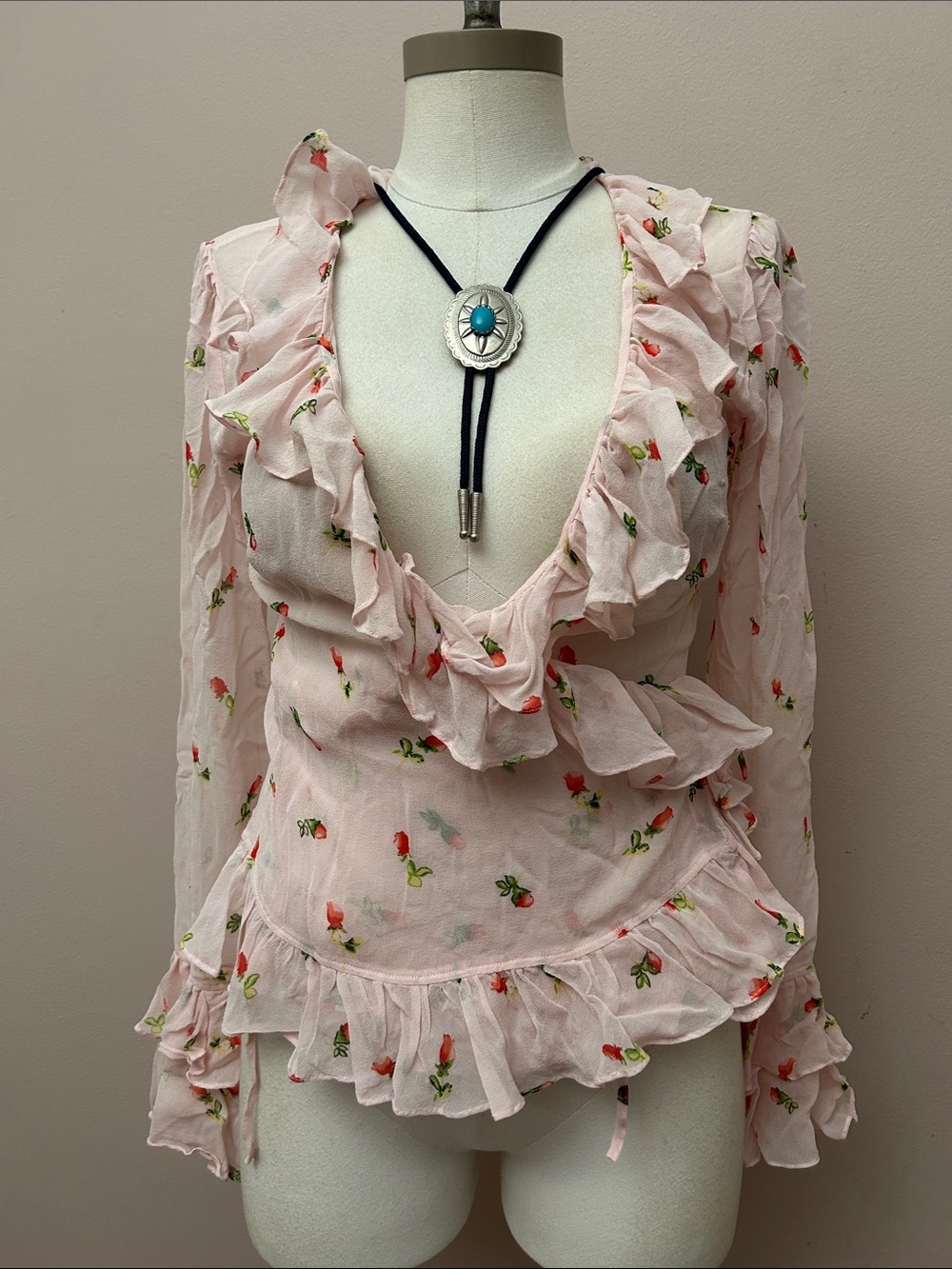 VTG Y2K Silk Chiffon Light Pink Floral Ruffle Wrap Blouse -